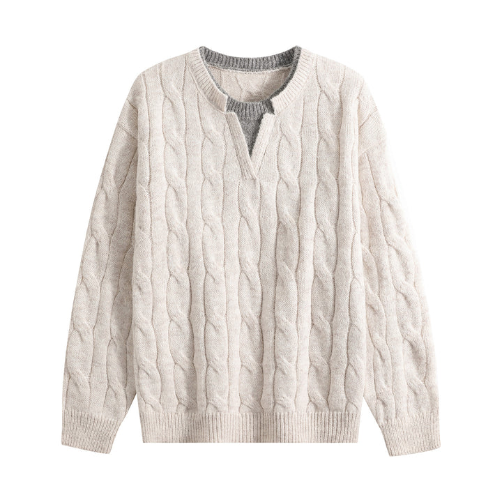 Damen Oversize Zopfmuster-Pullover mit V‑Schlitzkragen Drune