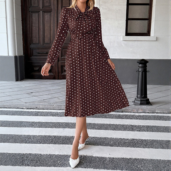 Damen Midi Kleid mit Schleifenkragen und Punkten Drune