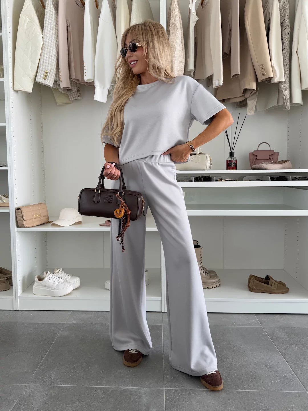 Damen Loungewear-Zweiteiler mit Cropped-Boxy-Shirt und fließender High-Waist Palazzo-Hose Drune