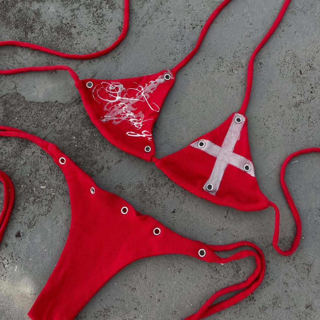 Damen Bunt bedruckter Bikini mit verstellbaren Schnürungen und dekorativen Ösen Drune