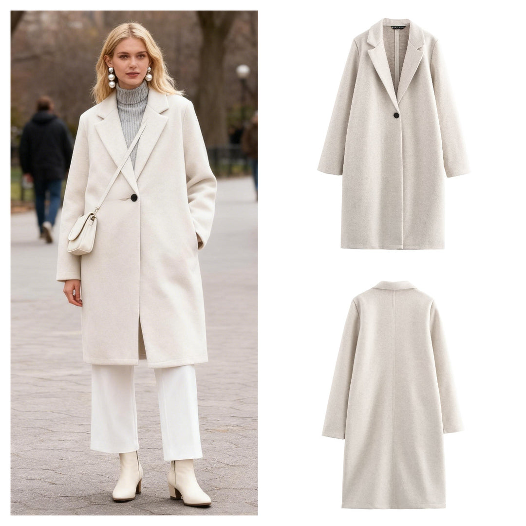 Damen Puristischer Longline-Mantel mit Reverskragen, Ein-Knopf‑Verschluss und weichem Filzfinish Drune