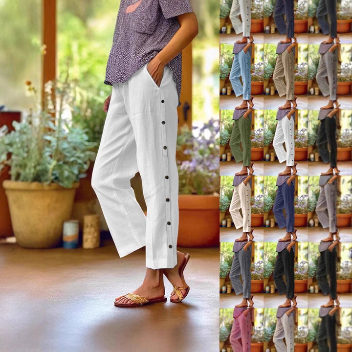 Damen Leichte Leinenmix-Hose mit seitlicher Knopfleiste und geradem Cropped-Schnitt Drune