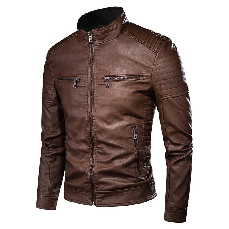 Herren Slim-Fit Biker-Lederjacke mit Stehkragen und gesteppter Schulterpartie Drune