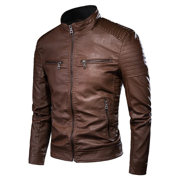 Herren Slim-Fit Biker-Lederjacke mit Stehkragen und gesteppter Schulterpartie Drune