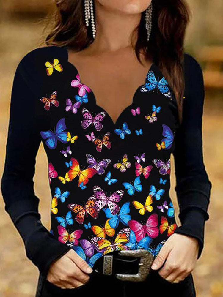 Damen Glitzer-Intarsien Langarmshirt mit V-Ausschnitt und Schmuckstein-Effekt Drune