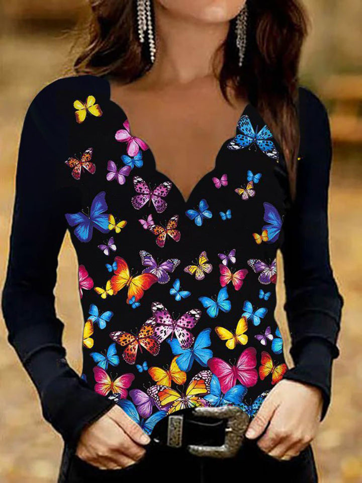Damen Glitzer-Intarsien Langarmshirt mit V-Ausschnitt und Schmuckstein-Effekt Drune