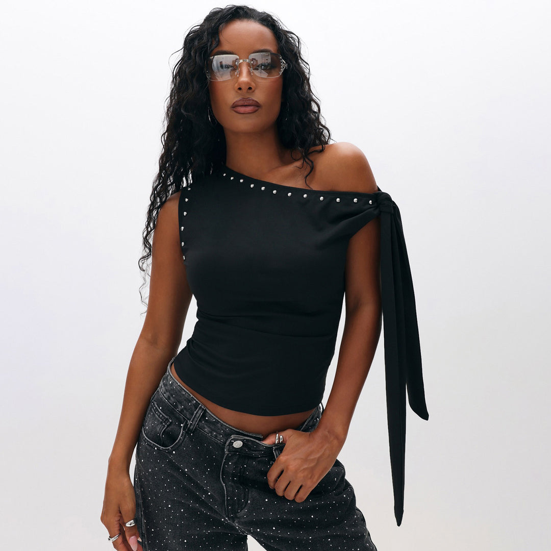 Damen Elegantes One-Shoulder Top mit dekorativen Steinen Drune