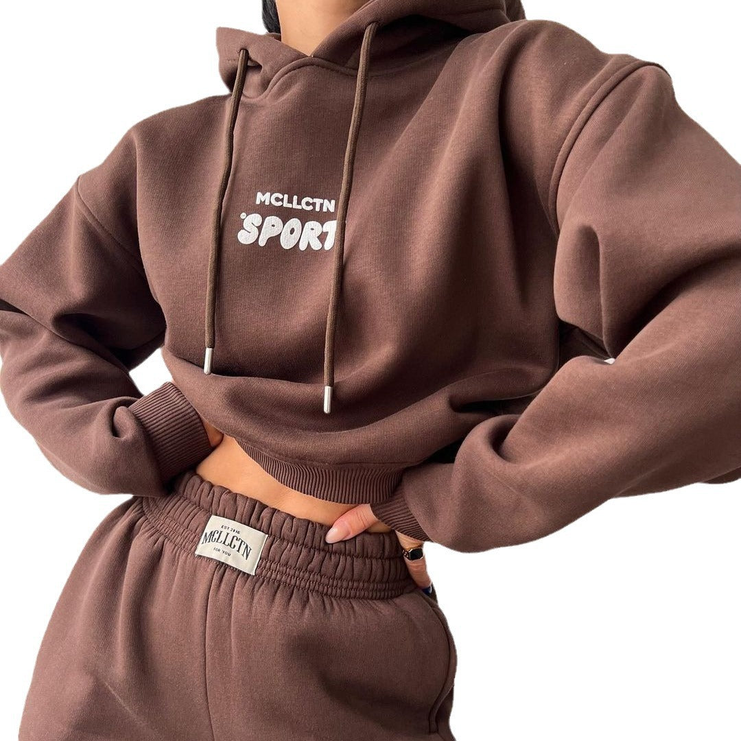 Damen Cropped Kapuzenpullover und High‑Waist Jogginghose Lounge‑Set aus Baumwollfleece Drune