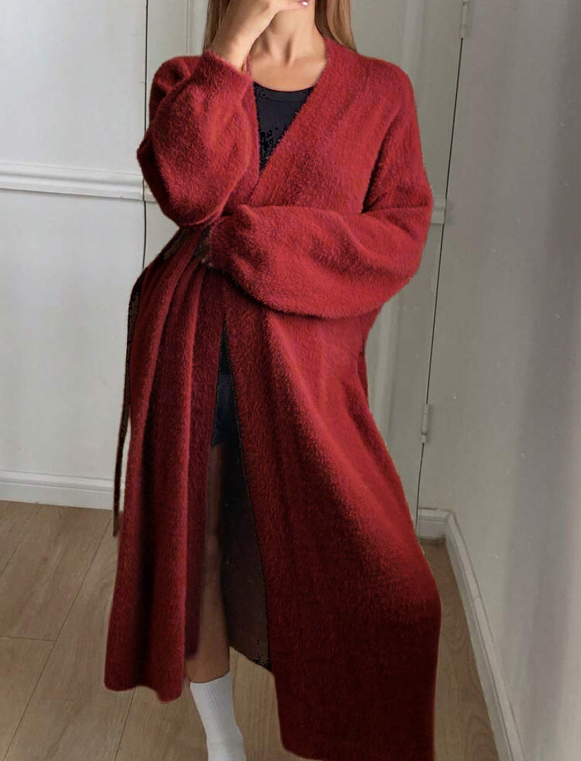 Damen Langer Wickel-Cardigan in Flausch-Optik mit Bindegürtel Drune