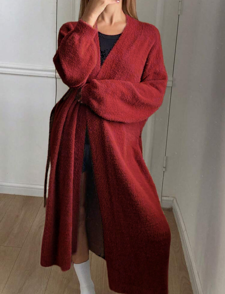 Damen Langer Wickel-Cardigan in Flausch-Optik mit Bindegürtel Drune