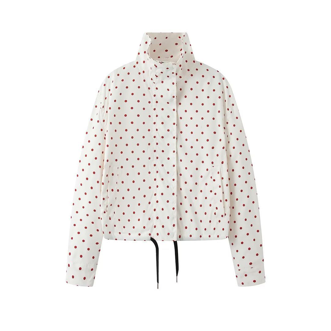 Damen Kurze gepunktete Regenjacke mit Stehkragen und Kordelzug Drune