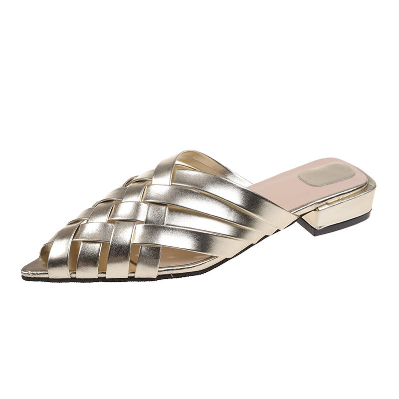 Damen Gewebe Spitz-Zehen Slide Mules mit Dickem Absatz Drune