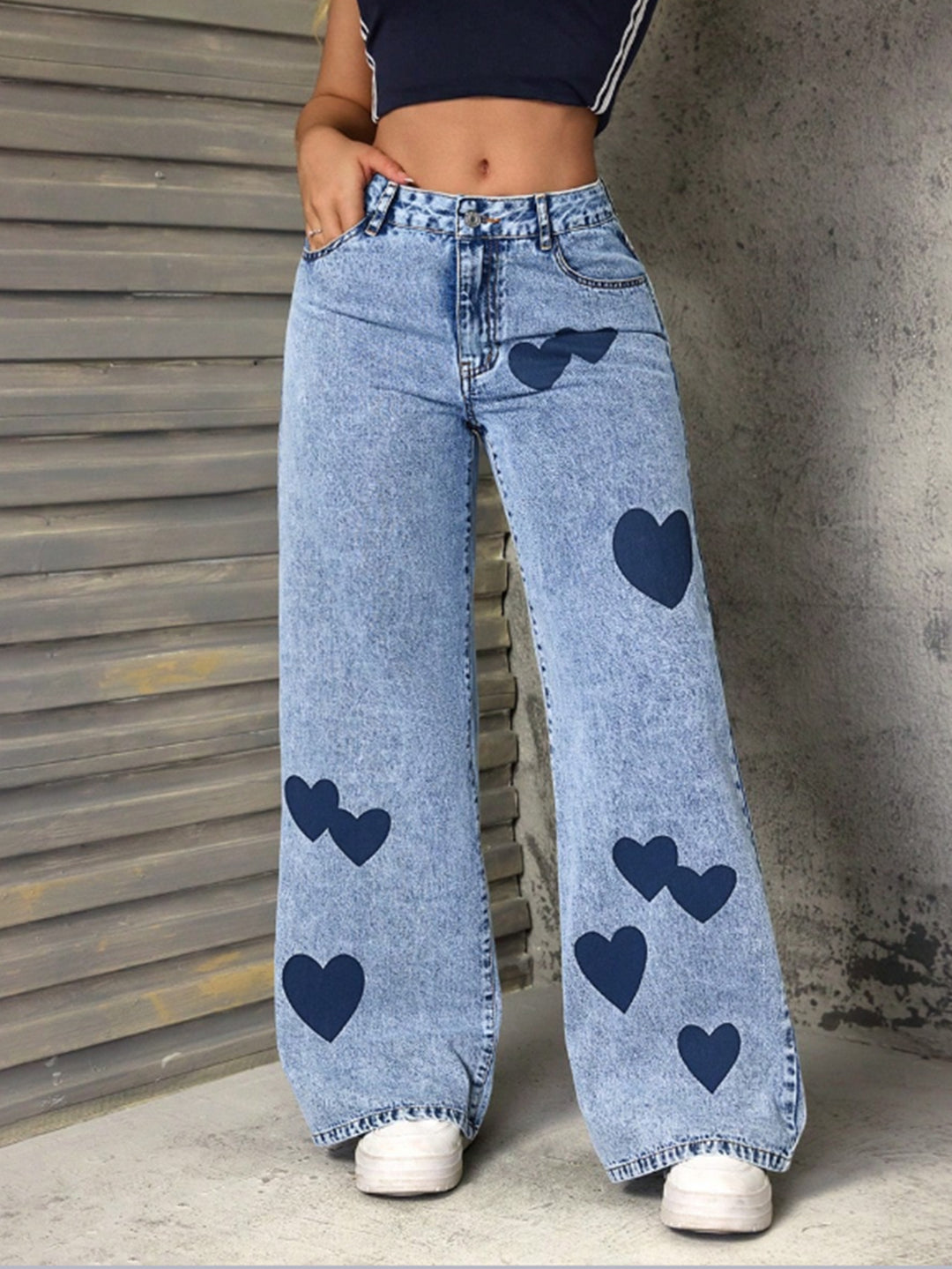 Damen weite Jeans mit Herzen-Applikationen Drune