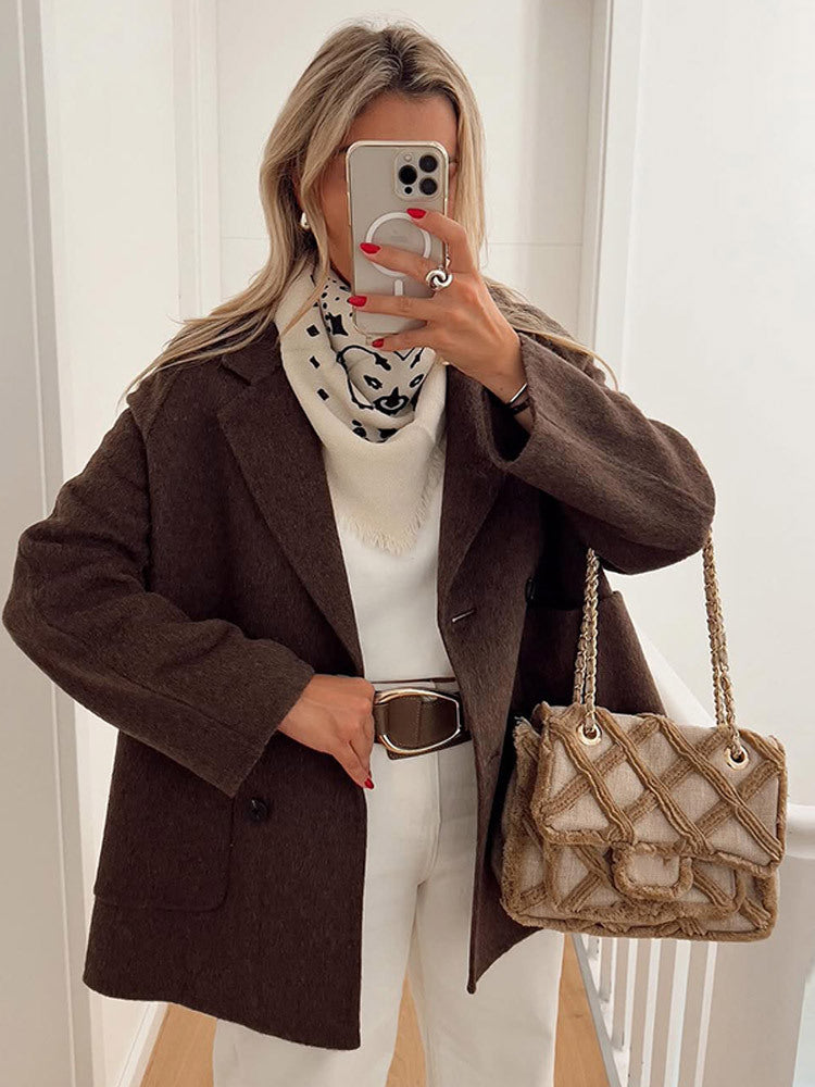 Damen Boxy-Wollmix-Cocoon-Jacke mit doppelreihiger Knopfleiste und weitem Revers Drune