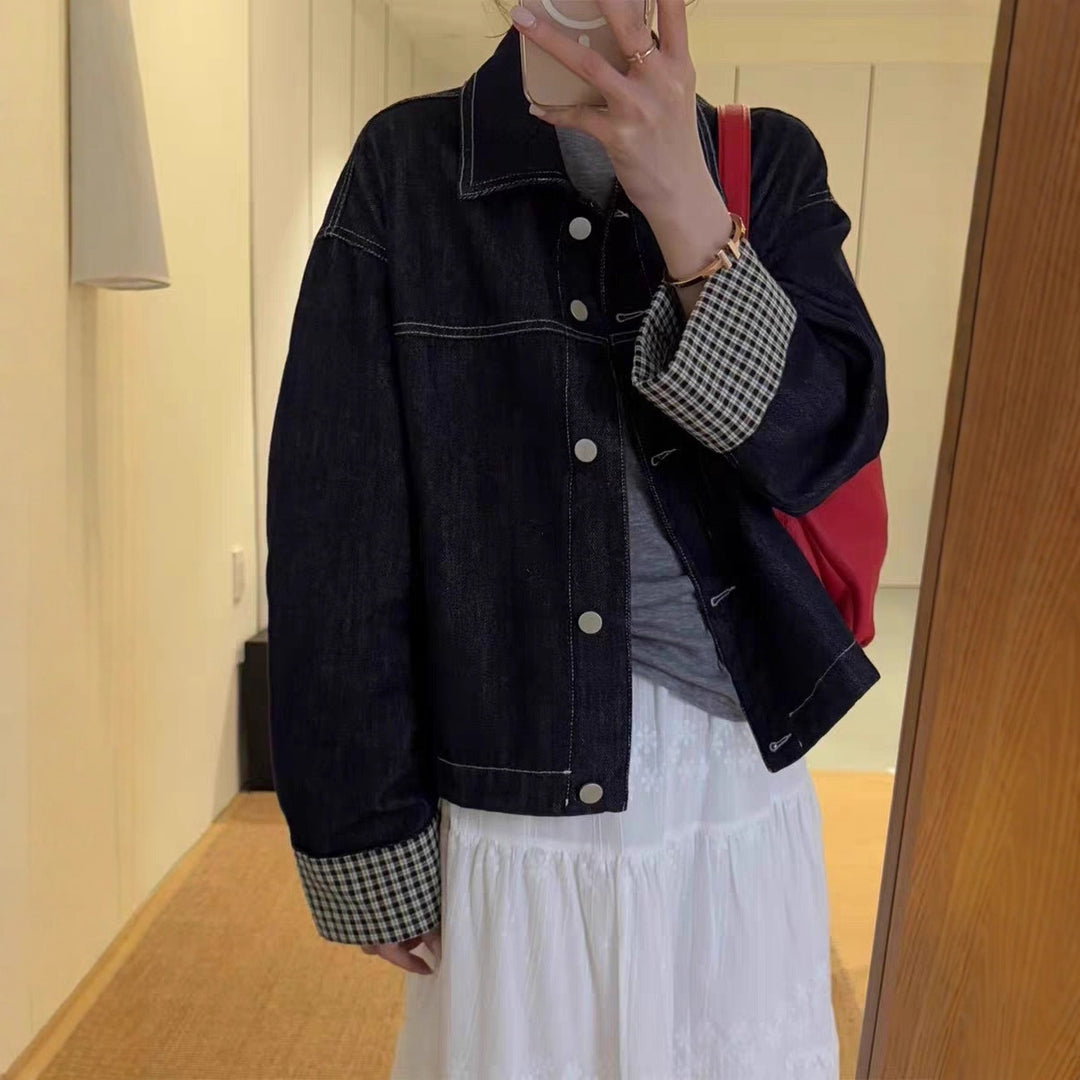 Damen Oversized Jeansjacke mit kontrastiertem Karo-Futter und Umschlagmanschetten Drune