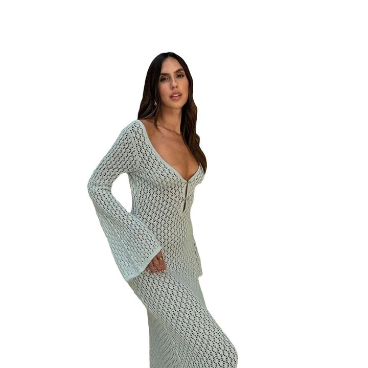 Damen Strickmaxikleid mit tiefem V-Ausschnitt und dekorativem Schlüsselbund Drune