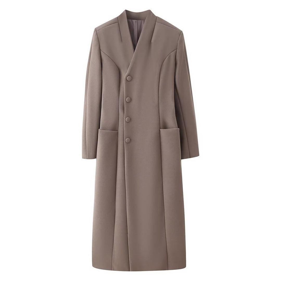 Damen Eleganter Wolloptik-Maximantel mit verdeckter Knopfleiste und aufgesetzten Taschen Drune