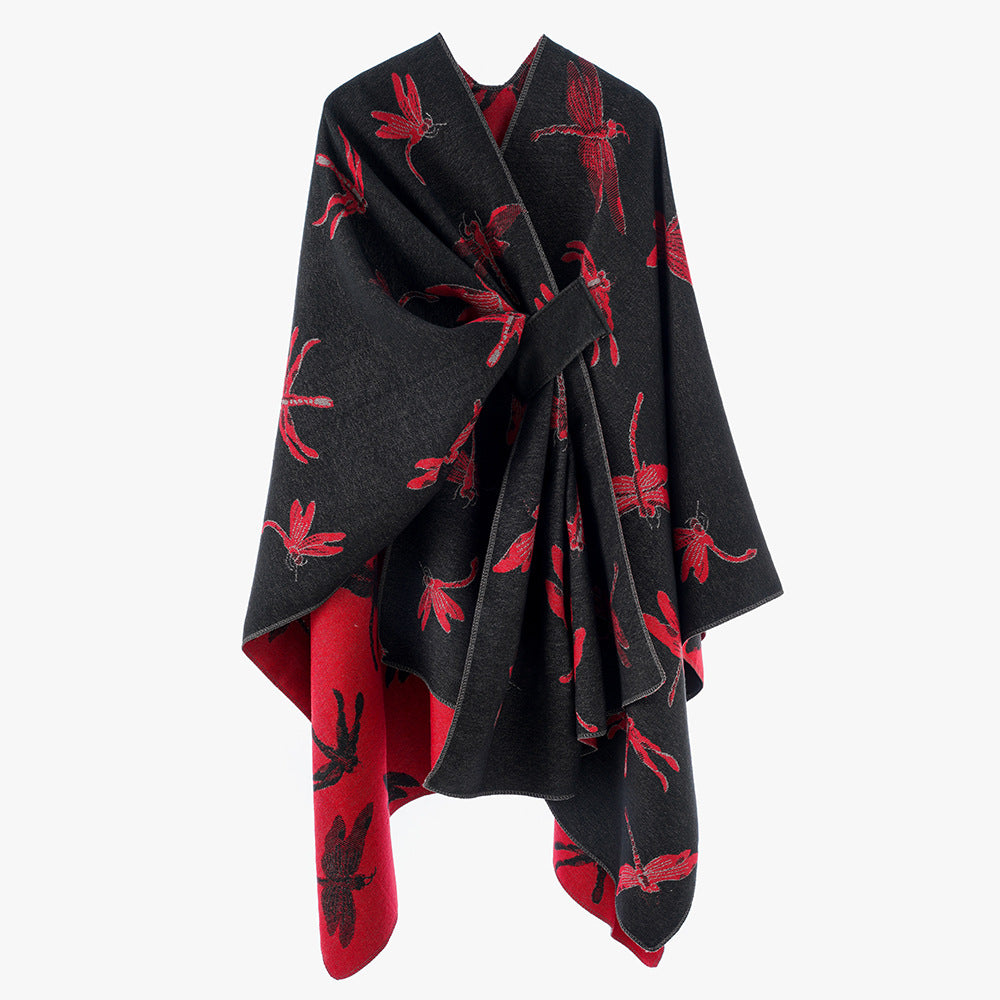 Damen Reversibler Jacquard‑Capeponcho mit feinem Insekten‑Jacquard und Bindeschlitz Drune