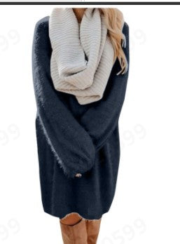 Damen Kuscheliges Oversize Plüsch-Kleid mit Rundhalsausschnitt Drune