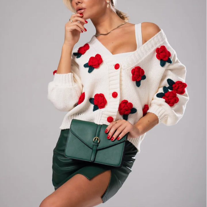 Damen Geblümter Strick-Cardigan mit 3D-Blumenapplikationen und V-Ausschnitt Drune