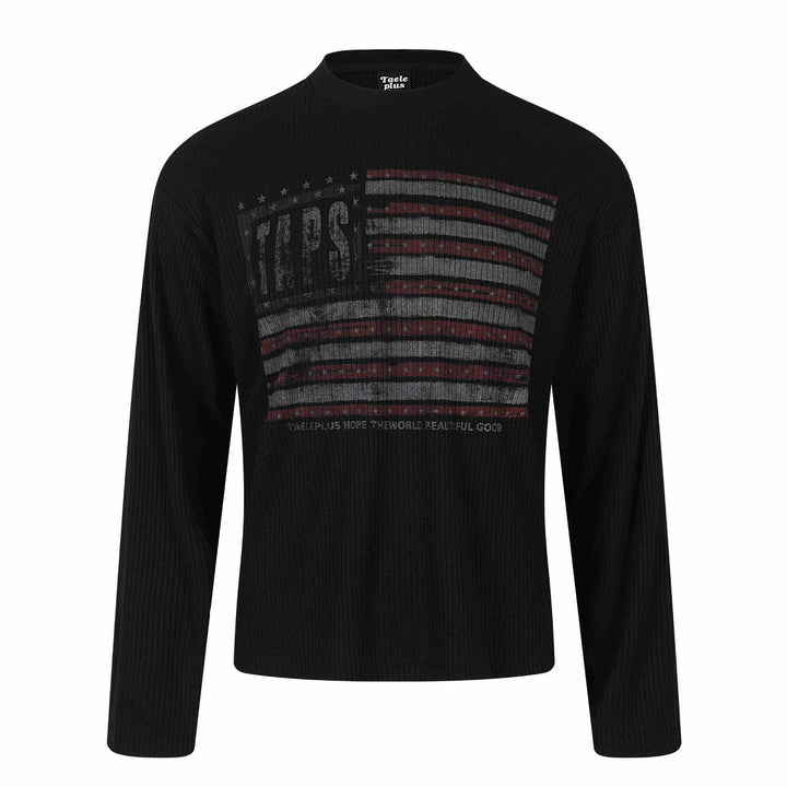 Unisex Gerippter Langarmpullover mit Troyerkragen und Vintage-Flaggenprint Drune