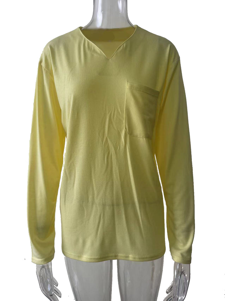 Damen nan legeres Langarmshirt mit V-Notch-Ausschnitt, Brusttasche und lockerer Oversize-Passform Drune
