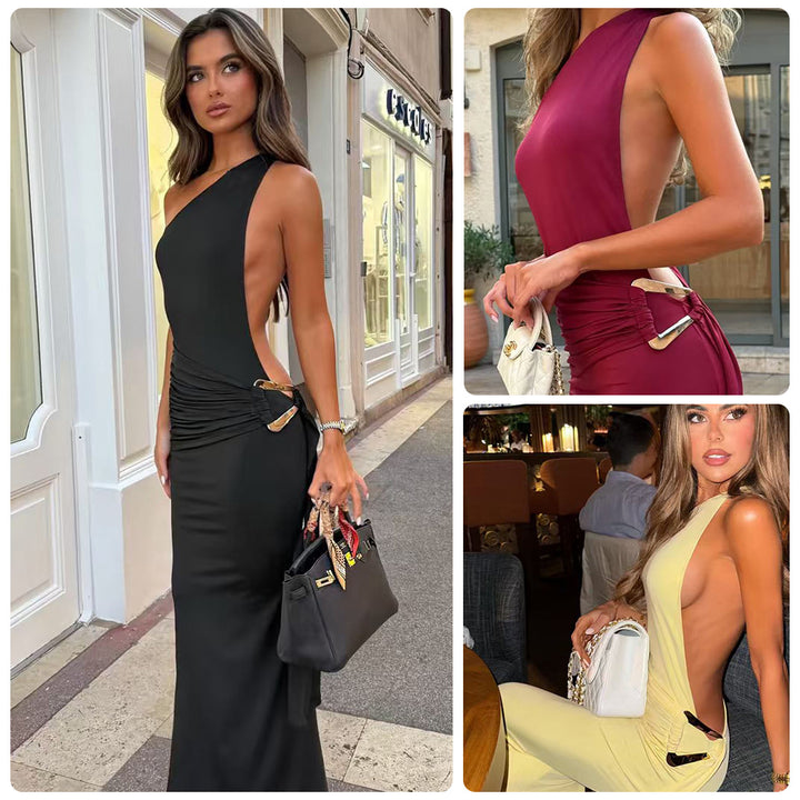 Damen Cut-Out Maxikleid mit elegantem Rückenausschnitt und seitlichen Drapierungen Drune