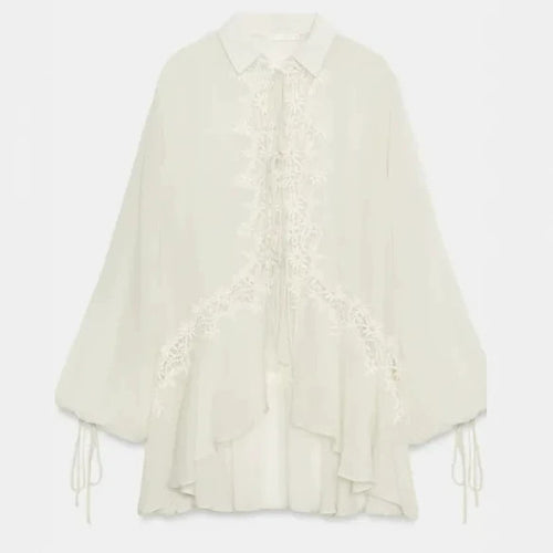 Damen Romantische Tunika‑Bluse mit Spitzenapplikation, Volantsaum und Ballonärmeln Drune