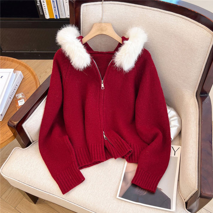 Damen Kuschelige Strickjacke mit abnehmbarem Kunstfellkragen Drune