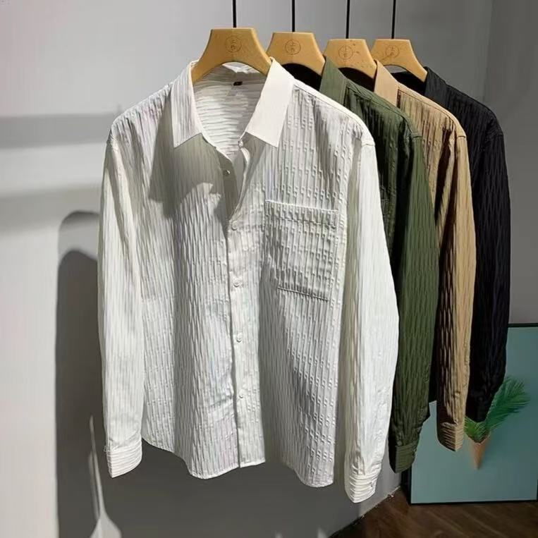 Herren Texturiertes Hemd mit Reliefstreifen, Kentkragen und Brusttasche Drune