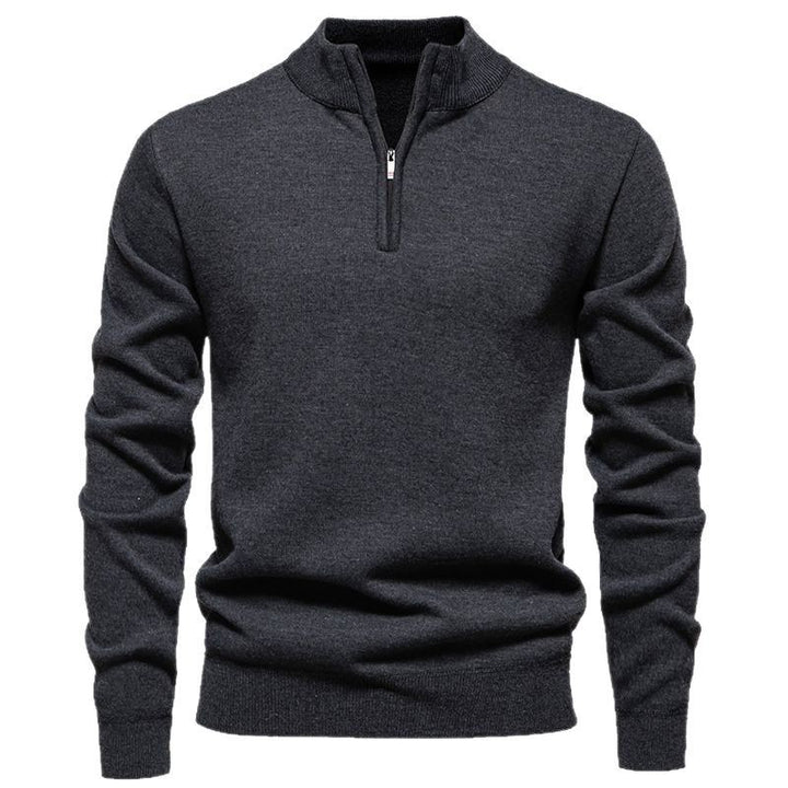 Herren nan Slim-Fit Feinstrickpullover mit kurzem Reißverschluss, Stehkragen und geripptem Bund Drune