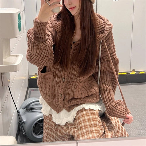 Damen Kuschelstrickjacke mit Kapuze und großen Taschen Drune