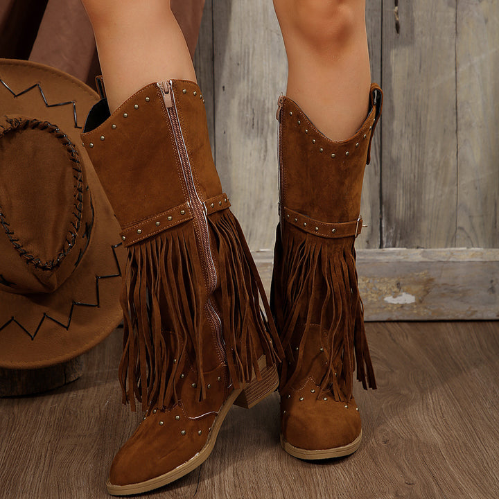 Damen Fransen-Stiefel mit Nietenverzierungen und Blockabsatz Drune