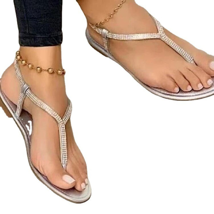 Damen Flache Zehentrenner‑Sandalen mit T‑Riemen und Strassbesatz Drune
