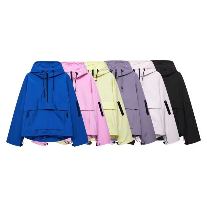 Damen wasserdichter Oversized Anorak mit Kapuze, halbem Reißverschluss und Kängurutasche Drune