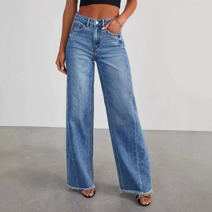 Damen Hochbund-Jeans mit weitem Bein und ausgefranstem Saum Drune