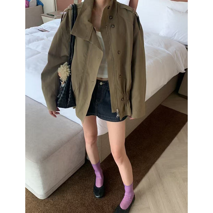 Damen Kurzjacke mit Kordelzug‑Taille, Oversize‑Ärmeln und verdeckter Reißverschluss Drune