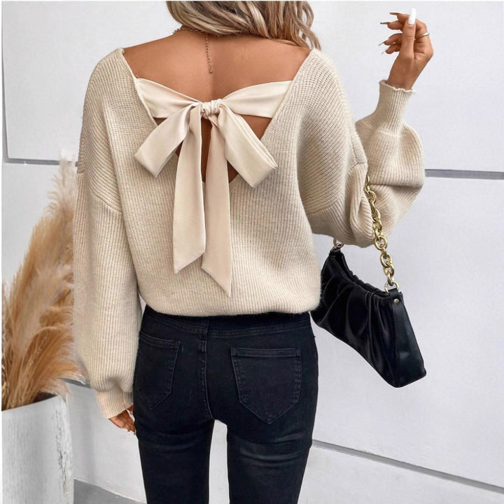 Damen lässiger Strickpullover mit eleganter Rückenbindung Drune