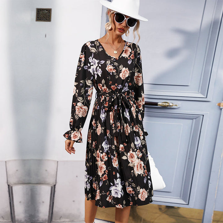 Damen Blumen-Midikleid mit V-Ausschnitt, plissiertem Rock und Taillengürtel Drune