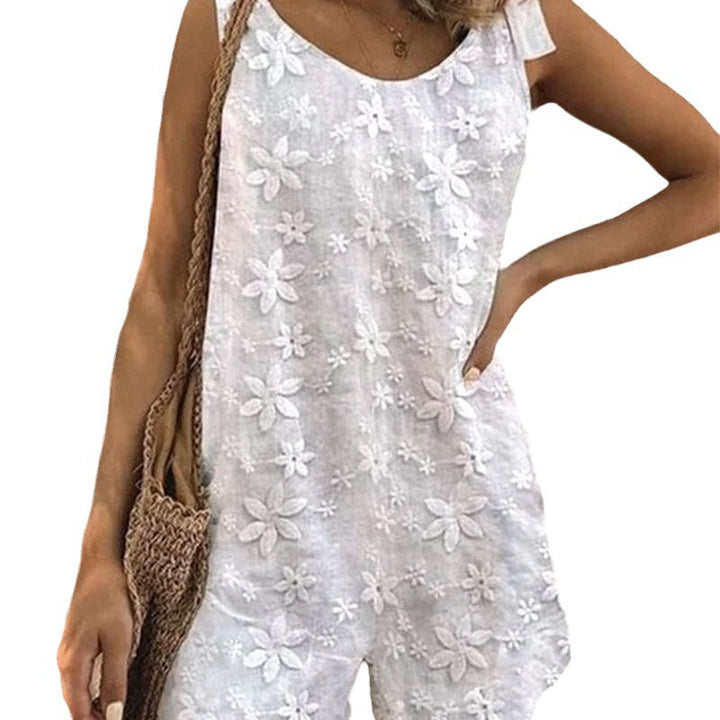 Damen nan leichter Kurzoverall mit floraler dreidimensionaler Stickerei, verstellbaren Bindeträgern und lockerer A-Linien-Silhouette Drune