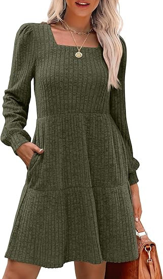Damen Gestricktes A‑Linien‑Minikleid mit quadratischem Ausschnitt, Stufenrock und Eingrifftaschen Drune