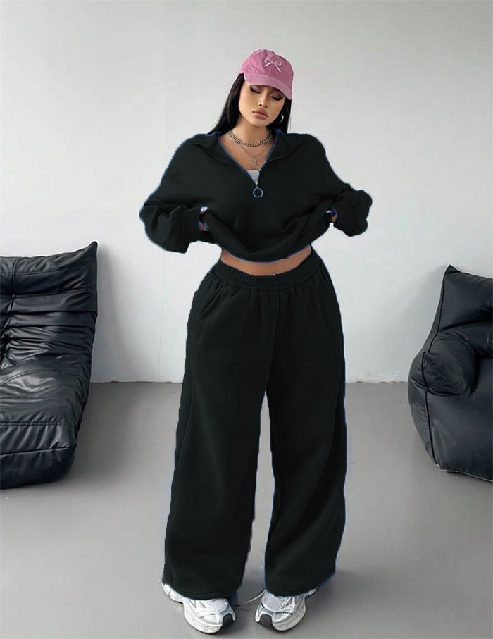 Damen Samt-Cropped-Ziphoodie und weit geschnittene High-Waist Palazzo-Jogginghose Drune