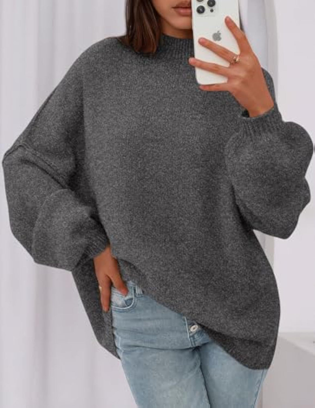 Damen Oversize-Strickpullover mit Stehkragen und Ballonärmeln Drune