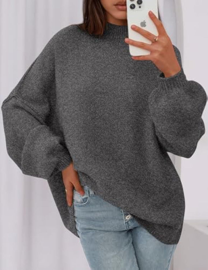 Damen Oversize-Strickpullover mit Stehkragen und Ballonärmeln Drune