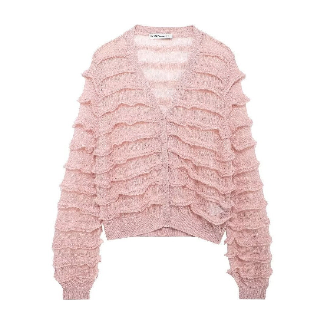 Damen Strickjacke mit voluminösen Rüschendetails Drune