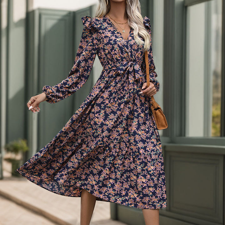 Damen Wickel-Midikleid mit V‑Ausschnitt, Volant-Schultern & Taillenband Drune