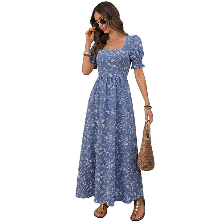 Damen Langes Leichtes Sommer-Maxikleid mit quadratischem Ausschnitt, Puffärmeln und floraler Stickoptik Drune