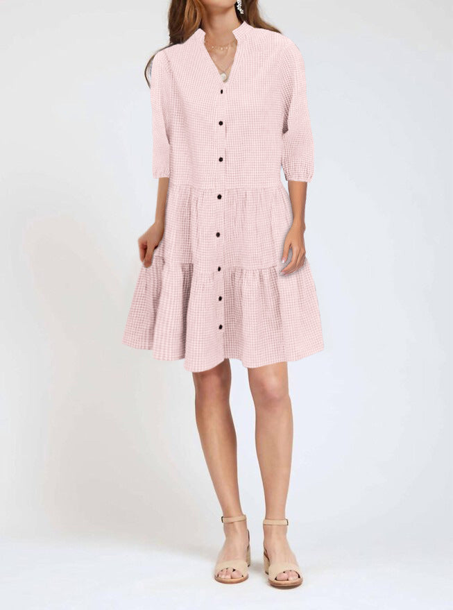 Damen Locker Gestuftes Hemdkleid mit Stehkragen und Voller Knopfleiste Drune