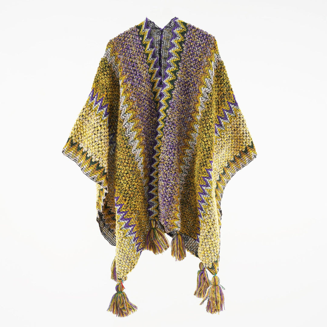 Damen strukturierter Bouclé-Strickponcho mit Jacquardmuster und Quasten Drune