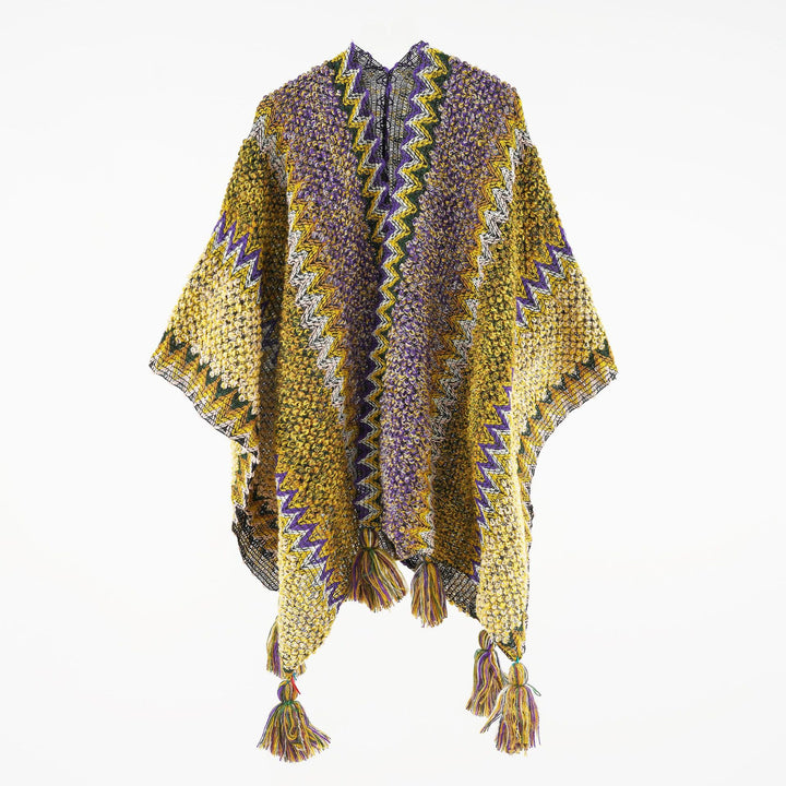 Damen strukturierter Bouclé-Strickponcho mit Jacquardmuster und Quasten Drune